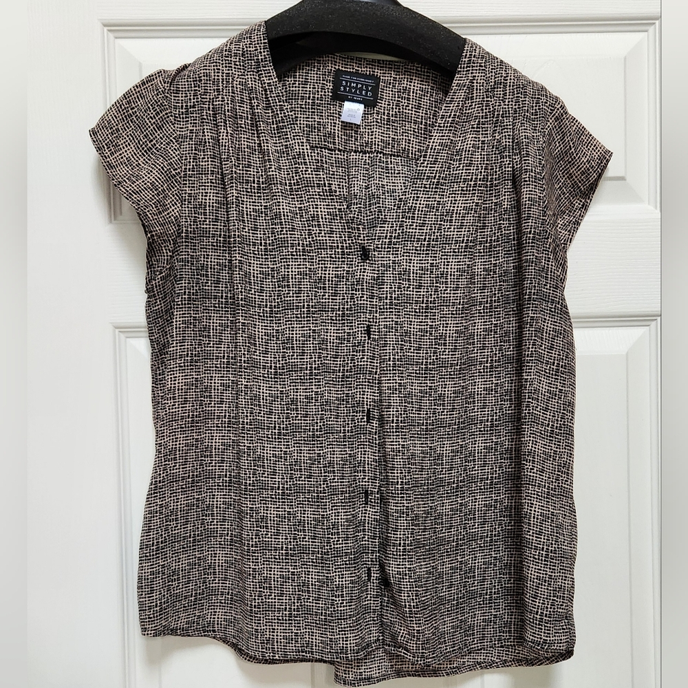 Black And Tan Cap Sleeve Blouse with Mandarin Collar